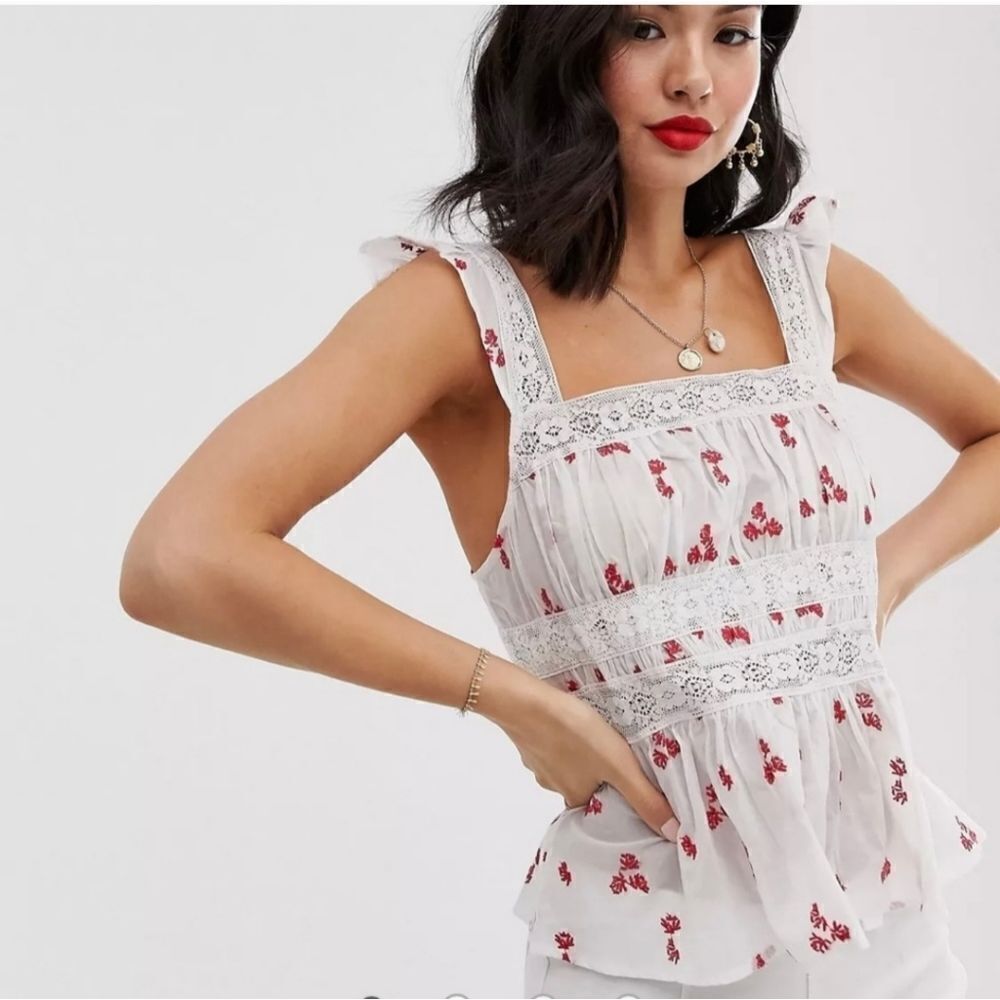 Free❤️People Beautiful Fleurs Peplum Top XS White/Red